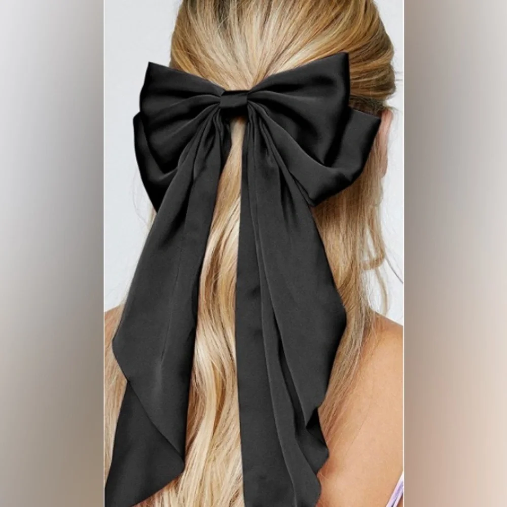 Big Hair Bow Satin Ribbon 🎀 Clip On Black Long Bow Goth Dark Punk - Picture 1 of 7